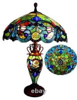 Tiffany Style Table Lamp Victorian Blue Green Teal Stained Glass Double Light