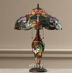 Tiffany Style Table Lamp Victorian Brown Blue Dragonfly Stained Glass Shade 24H