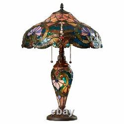 Tiffany Style Table Lamp Victorian Brown Blue Dragonfly Stained Glass Shade 24H