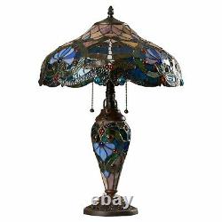 Tiffany Style Table Lamp Victorian Brown Blue Dragonfly Stained Glass Shade 24H