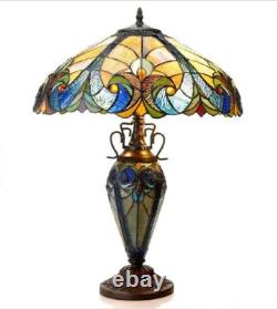 Tiffany Style Table Lamp Victorian Green Blue Amber Stained Glass Double Light