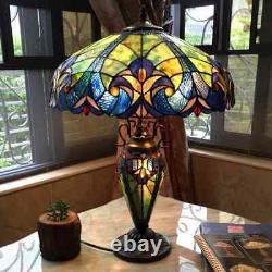 Tiffany Style Table Lamp Victorian Handcrafted Blue Multi Stained Glass 2 Light