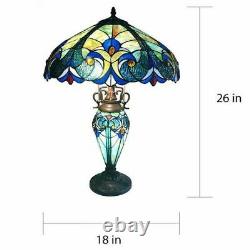 Tiffany Style Table Lamp Victorian Handcrafted Blue Multi Stained Glass 2 Light