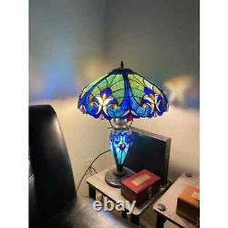 Tiffany Style Table Lamp Victorian Handcrafted Blue Multi Stained Glass 2 Light