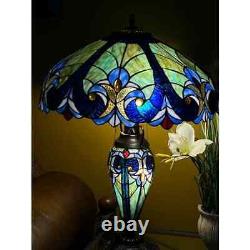 Tiffany Style Table Lamp Victorian Handcrafted Blue Multi Stained Glass 2 Light