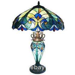 Tiffany Style Table Lamp Victorian Handcrafted Blue Multi Stained Glass 2 Light