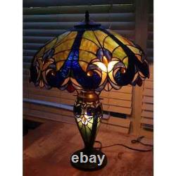 Tiffany Style Table Lamp Victorian Handcrafted Blue Multi Stained Glass 2 Light