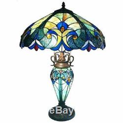 Tiffany Style Table Lamp Victorian Lighted Base Stained Glass Blue Green 26 New