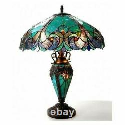 Tiffany Style Table Lamp Victorian Mission Lighted Base Blue Amber 25 Shade 18