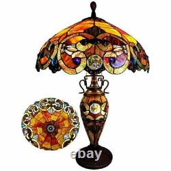Tiffany Style Table Lamp Victorian Spice Amber Tones Stained Glass Double Light
