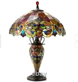 Tiffany Style Table Lamp Victorian Spice Amber Tones Stained Glass Double Light