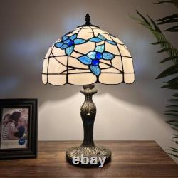 Tiffany Style Table Lamp White Stained Glass Blue Flowers LED Blub 12W12D19H