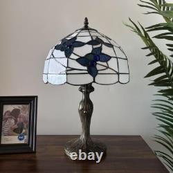Tiffany Style Table Lamp White Stained Glass Blue Flowers LED Blub 12W12D19H