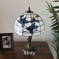 Tiffany Style Table Lamp White Stained Glass Blue Flowers LED Blub 12W12D19H