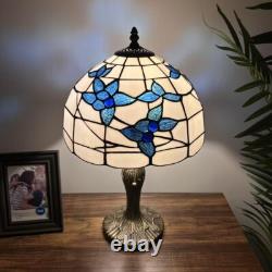 Tiffany Style Table Lamp White Stained Glass Blue Flowers LED Blub 12W12D19H