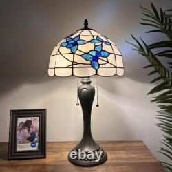 Tiffany Style Table Lamp White Stained Glass Blue Flowers LED Bulbs 12W12D22H