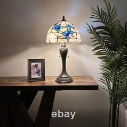Tiffany Style Table Lamp White Stained Glass Blue Flowers LED Bulbs 12W12D22H