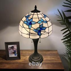 Tiffany Style Table Lamp White Stained Glass Blue Flowers LED Bulbs 12W12D22H