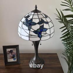 Tiffany Style Table Lamp White Stained Glass Blue Flowers LED Bulbs 12W12D22H