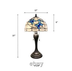Tiffany Style Table Lamp White Stained Glass Blue Flowers LED Bulbs 12W12D22H