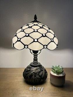 Tiffany Style Table Lamp White Stained Glass Crystal Beans LED Bulb Include 14H