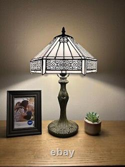 Tiffany Style Table Lamp White Stained Glass Hexagon Included LED Bulb 19H12W