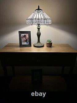 Tiffany Style Table Lamp White Stained Glass Hexagon Included LED Bulb 19H12W