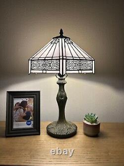 Tiffany Style Table Lamp White Stained Glass Hexagon Included LED Bulb 19H12W