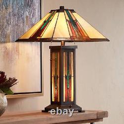 Tiffany Style Table Lamp with Nightlight Mission Bronze Art Glass Living Room