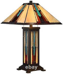 Tiffany Style Table Lamp with Nightlight Mission Bronze Art Glass Living Room