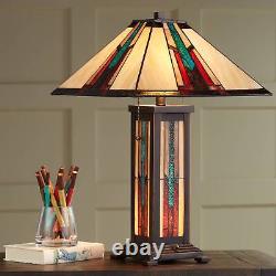 Tiffany Style Table Lamp with Nightlight Mission Bronze Art Glass Living Room