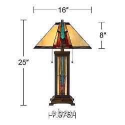 Tiffany Style Table Lamp with Nightlight Mission Bronze Art Glass Living Room