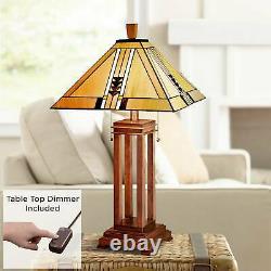 Tiffany Style Table Lamp with Table Top Dimmer Wood Stained Glass Living Room