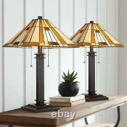 Tiffany Style Table Lamps Set of 2 Mission Bronze Glass Art Shade for Bedroom