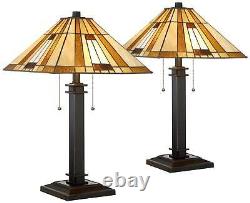 Tiffany Style Table Lamps Set of 2 Mission Bronze Glass Art Shade for Bedroom