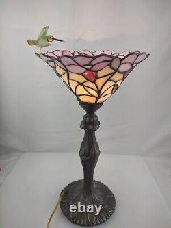 Tiffany Style Table Stained Glass Hummingbird Flying/Hovering over Flowers Lamp