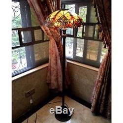 Tiffany Style Torchiere Floor Lamp Brown Jewels Stained Glass Shade Bronze Base
