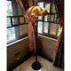 Tiffany Style Torchiere Floor Lamp Brown Jewels Stained Glass Shade Bronze Base
