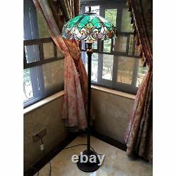 Tiffany Style Torchiere Floor Lamp Green Jewels Stained Glass Shade Bronze Base