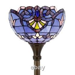 Tiffany Style Torchiere Floor Lamp Lavender w Jewel Stained Glass Shade 66 High