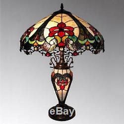 Tiffany Style Traditional Victorian 2 Light Table Lamp Red Amber Stained Glass