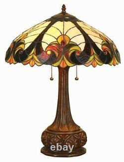 Tiffany Style Victorian 2 Light Antique Bronze Table Lamp Brown Stained Glass