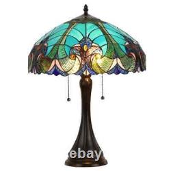 Tiffany Style Victorian 2 Light Antique Bronze Table Lamp Green Stained Glass