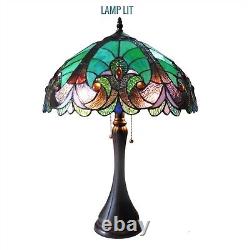 Tiffany Style Victorian 2 Light Antique Bronze Table Lamp Green Stained Glass