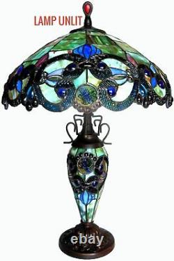 Tiffany Style Victorian 2 Light Table Lamp Blue Stained Glass Shade 26 High