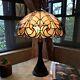 Tiffany Style Victorian 2 Light Table Lamp Brown Green Stained Glass Bead Accent