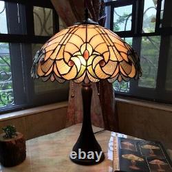 Tiffany Style Victorian 2 Light Table Lamp Brown Green Stained Glass Bead Accent