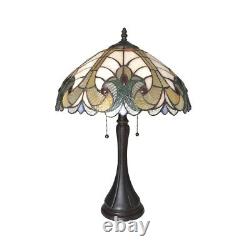 Tiffany Style Victorian 2 Light Table Lamp Brown Green Stained Glass Bead Accent