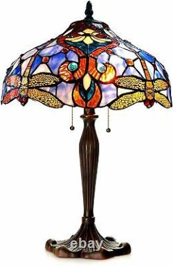 Tiffany Style Victorian 2 Light Table Lamp Gold Dragonfly Blue Stained Glass 24