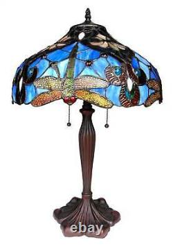 Tiffany Style Victorian 2 Light Table Lamp Gold Dragonfly Blue Stained Glass 24
